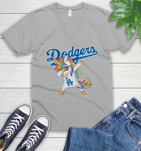 Los Angeles Dodgers MLB Baseball Funny Unicorn Dabbing Sports V-Neck T-Shirt 4