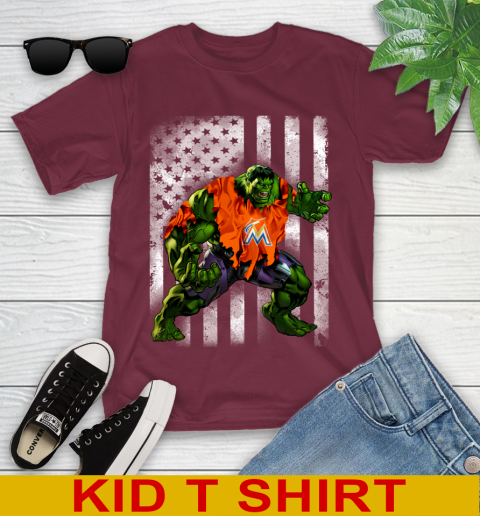 Miami Marlins Hulk Marvel Avengers MLB Baseball American Flag Youth T-Shirt 5