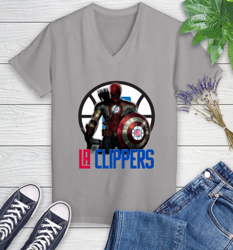LA Clippers NBA Basketball Captain America Thor Spider Man Hawkeye Avengers Women's V-Neck T-Shirt 4
