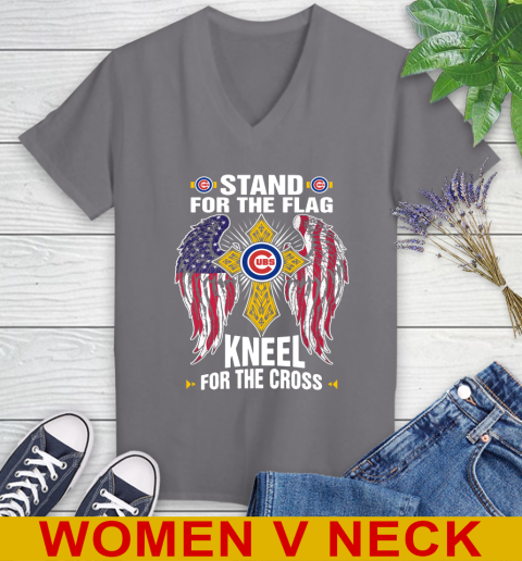 MLB Baseball Chicago Cubs Stand For Flag Kneel For The Cross Shirt Women's V-Neck T-Shirt - Image 12