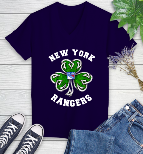 NHL New York Rangers Three Leaf Clover St Patrick's Day Hockey Sports Women's V-Neck T-Shirt 3