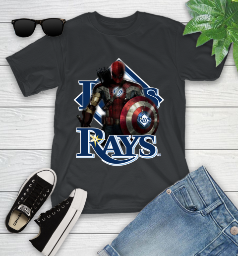 MLB Captain America Thor Spider Man Hawkeye Avengers Endgame Baseball Tampa Bay Rays Youth T-Shirt 2