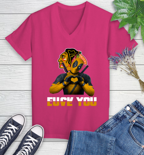 NHL Chicago Blackhawks Deadpool Love You Fuck You Hockey Sports Women's V-Neck T-Shirt 9