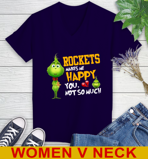 NBA Houston Rockets Makes Me Happy You Not So Much Grinch Basketball Sports  Women's V-Neck T-Shirt