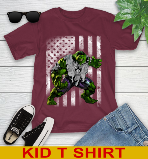 Brooklyn Nets Hulk Marvel Avengers NBA Basketball American Flag Youth T-Shirt 5