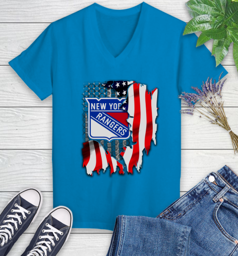 New York Rangers NHL Hockey American Flag Women's V-Neck T-Shirt 7
