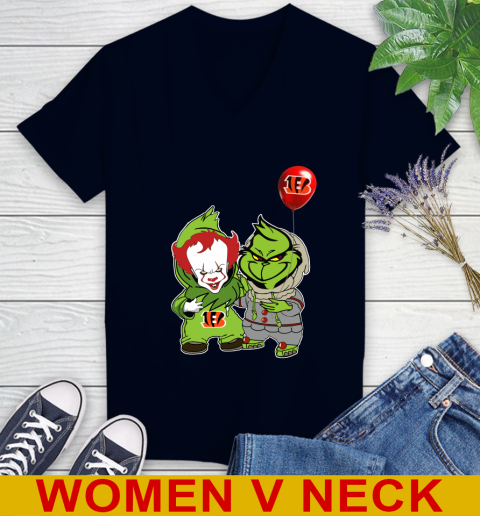 Cincinnati Bengals Baby Pennywise Grinch Christmas NFL Football Women's V-Neck T-Shirt 3