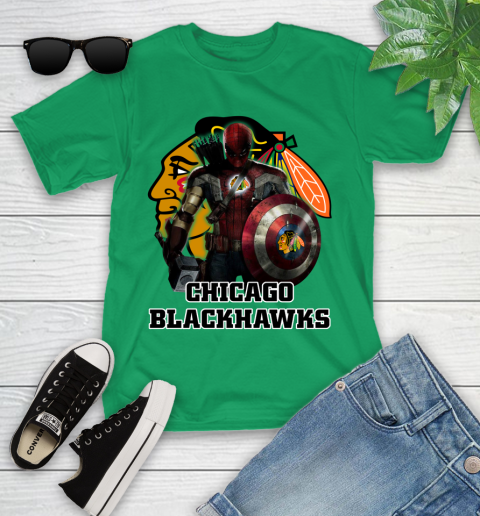 NHL Captain America Thor Spider Man Hawkeye Avengers Endgame Hockey Chicago Blackhawks Youth T-Shirt 6