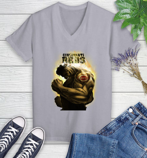 Cincinnati Reds MLB Baseball Hulk Marvel Avengers Sports Women's V-Neck T-Shirt 4
