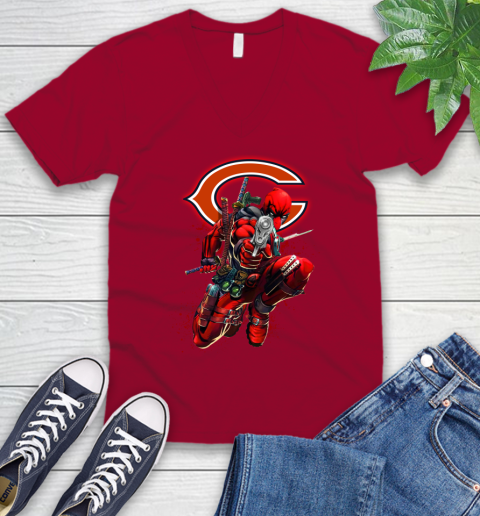 NFL Deadpool Marvel Comics Sports Football Chicago Bears V-Neck T-Shirt 8