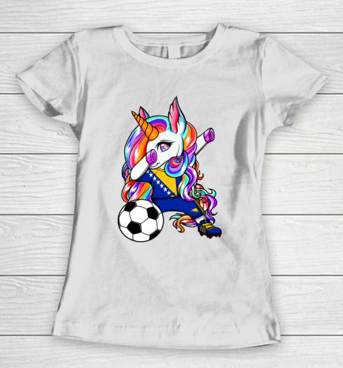 Dabbing Unicorn Bosnia Herzegovina Soccer Fans Flag Football Women's T-Shirt