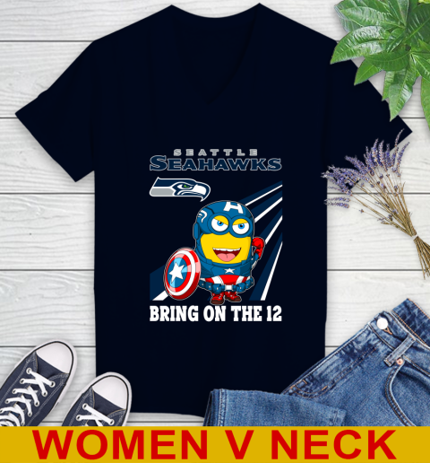 NFL Football Seattle Seahawks Captain America Marvel Avengers Minion Shirt Women's V-Neck T-Shirt 2