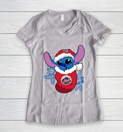 New York Mets Christmas Stitch In The Sock Funny Disney MLB Women's V-Neck T-Shirt 2