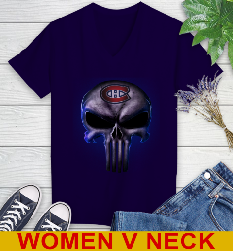 Montreal Canadiens NHL Hockey Punisher Skull Sports Women's V-Neck T-Shirt 3