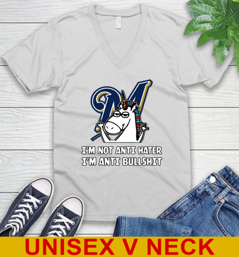 Milwaukee Brewers MLB Baseball Unicorn I'm Not Anti Hater I'm Anti Bullshit V-Neck T-Shirt