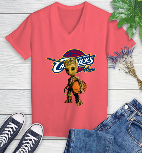 Cleveland Cavaliers NBA Basketball Groot Marvel Guardians Of The Galaxy Women's V-Neck T-Shirt 6