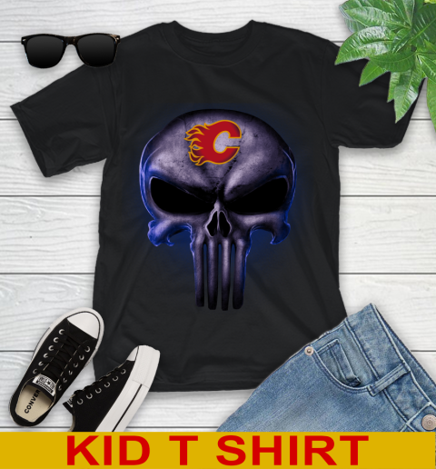 Calgary Flames NHL Hockey Punisher Skull Sports Youth T-Shirt