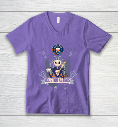 MLB Houston Astros Baseball Jack Skellington Halloween V-Neck T-Shirt 8