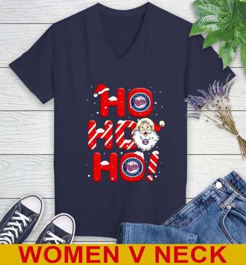 Minnesota Twins MLB Baseball Ho Ho Ho Santa Claus Merry Christmas Shirt Women's V-Neck T-Shirt 12