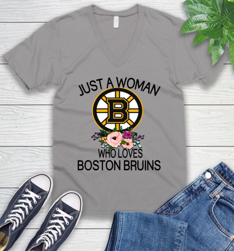 NHL Just A Woman Who Loves Boston Bruins Hockey Sports V-Neck T-Shirt 2