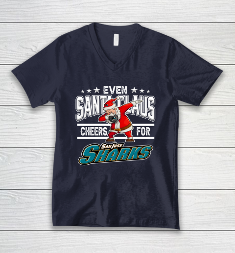 San Jose Sharks Even Santa Claus Cheers For Christmas NHL V-Neck T-Shirt 2