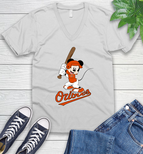 MLB Baseball Baltimore Orioles Cheerful Mickey Mouse Shirt V-Neck T-Shirt 2