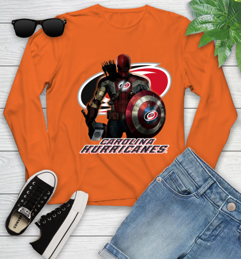 NHL Captain America Thor Spider Man Hawkeye Avengers Endgame Hockey Carolina Hurricanes Youth Long Sleeve 4