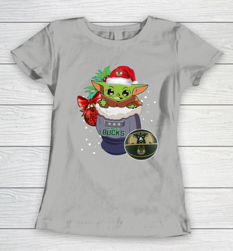 Milwaukee Bucks Christmas Baby Yoda Star Wars Funny Happy NBA Women's T-Shirt 11