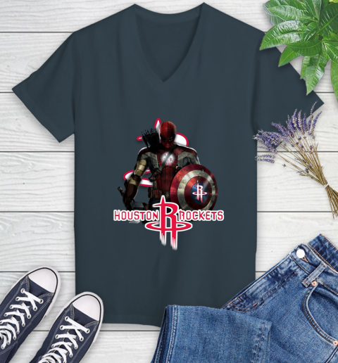 Houston Rockets NBA Basketball Captain America Thor Spider Man Hawkeye Avengers Women's V-Neck T-Shirt 8