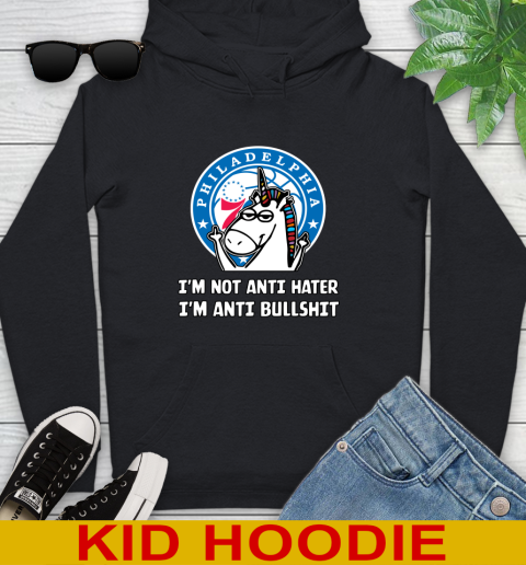 Philadelphia 76ers NBA Basketball Unicorn I'm Not Anti Hater I'm Anti Bullshit Youth Hoodie - Image 3