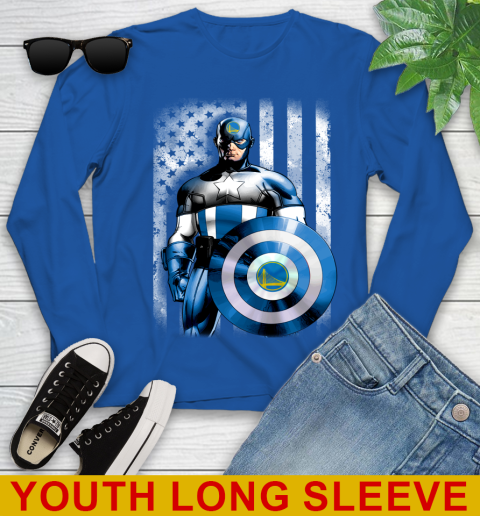 Golden State Warriors NBA Basketball Captain America Marvel Avengers American Flag Shirt Youth Long Sleeve 10
