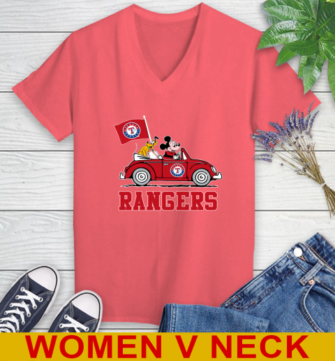 MLB Baseball Texas Rangers Pluto Mickey Driving Disney Shirt Women's V-Neck T-Shirt 7