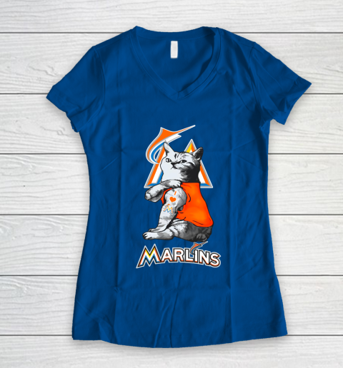 MLB Baseball My Cat Loves Miami Marlins Women's V-Neck T-Shirt 7