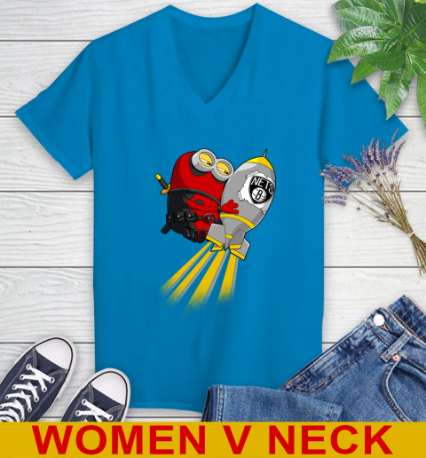 NBA Basketball Brooklyn Nets Deadpool Minion Marvel Shirt Women's V-Neck T-Shirt 7