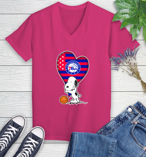 Philadelphia 76ers NBA Basketball The Peanuts Movie Adorable Snoopy Women's V-Neck T-Shirt 9