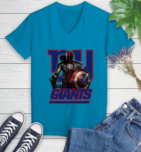 NFL Captain America Thor Spider Man Hawkeye Avengers Endgame Football New York Giants Women's V-Neck T-Shirt 7