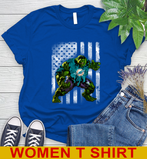 Miami Dolphins Hulk Marvel Avengers NFL Football American Flag Women's T-Shirt 10