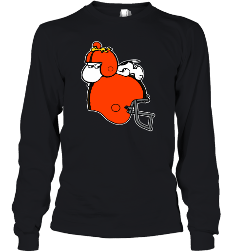 Snoopy And Woodstock Resting On Cleveland Browns Helmet Youth Long Sleeve