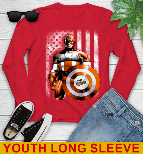 Baltimore Orioles MLB Baseball Captain America Marvel Avengers American Flag Shirt Youth Long Sleeve 11