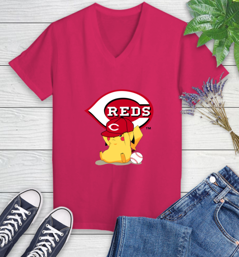 MLB Pikachu Baseball Sports Cincinnati Reds Women's V-Neck T-Shirt 9
