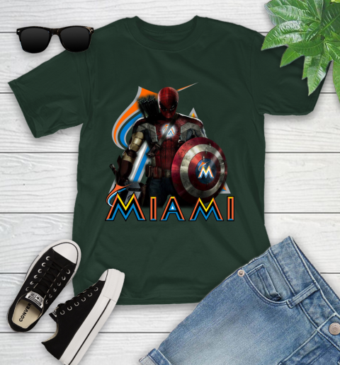 MLB Captain America Thor Spider Man Hawkeye Avengers Endgame Baseball Miami Marlins Youth T-Shirt 5