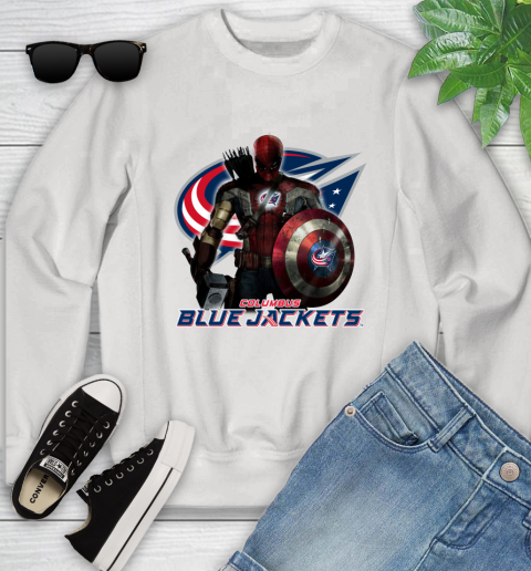 NHL Captain America Thor Spider Man Hawkeye Avengers Endgame Hockey Columbus Blue Jackets Youth Sweatshirt