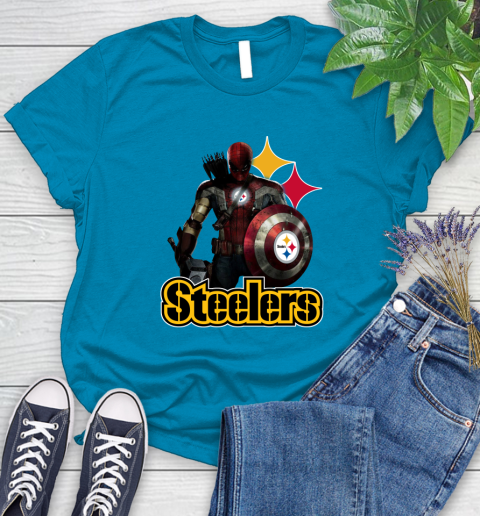 NFL Captain America Thor Spider Man Hawkeye Avengers Endgame Football Pittsburgh Steelers Women's T-Shirt 7