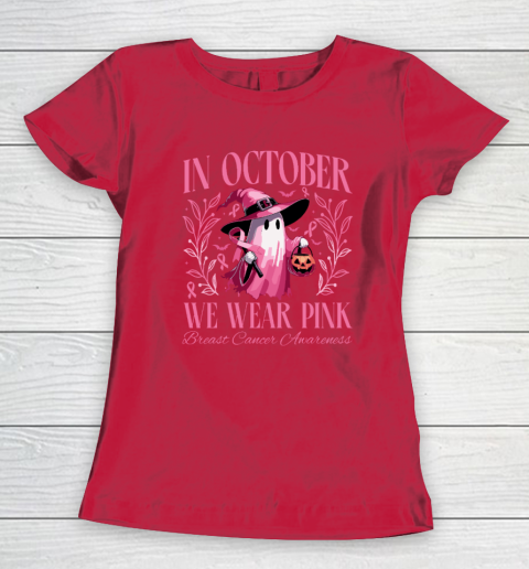 In October We Wear Pink Witch Ghost Pumpkin Breast Cancer Women's T-Shirt 7