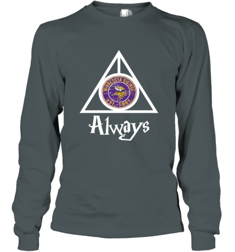 Always Love The Minnesota Vikings x Harry Potter Mashup NFL iuu6 always love the minnesota vikings x harry potter m long sleeve tee 14 front dark heather