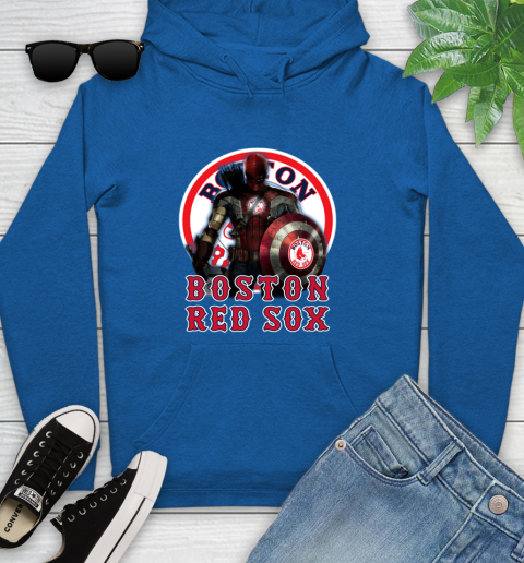 MLB Captain America Thor Spider Man Hawkeye Avengers Endgame Baseball Boston Red Sox Youth Hoodie 9