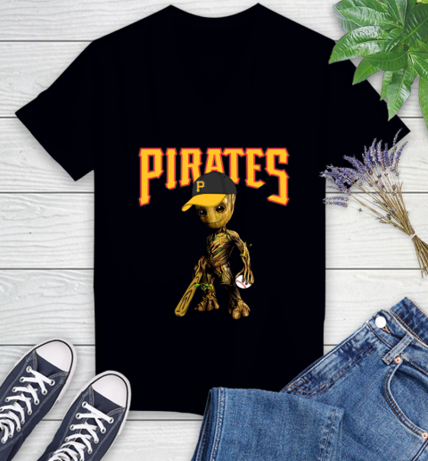MLB Pittsburgh Pirates Groot Guardians Of The Galaxy Baseball Women's V-Neck T-Shirt 2
