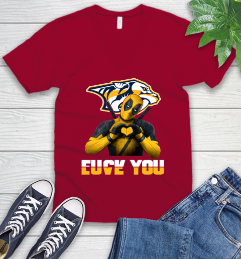NHL Nashville Predators Deadpool Love You Fuck You Hockey Sports V-Neck T-Shirt 7