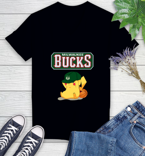 NBA Pikachu Basketball Sports Milwaukee Bucks Women's V-Neck T-Shirt 2