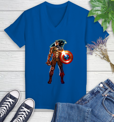 NFL Captain America Marvel Avengers Endgame Football Sports Carolina Panthers Women's V-Neck T-Shirt 10